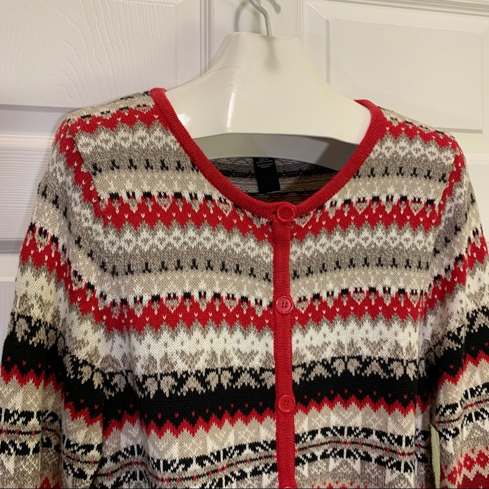 Crystal Kobe Red Black Cream Button Up Sweater L - image 2